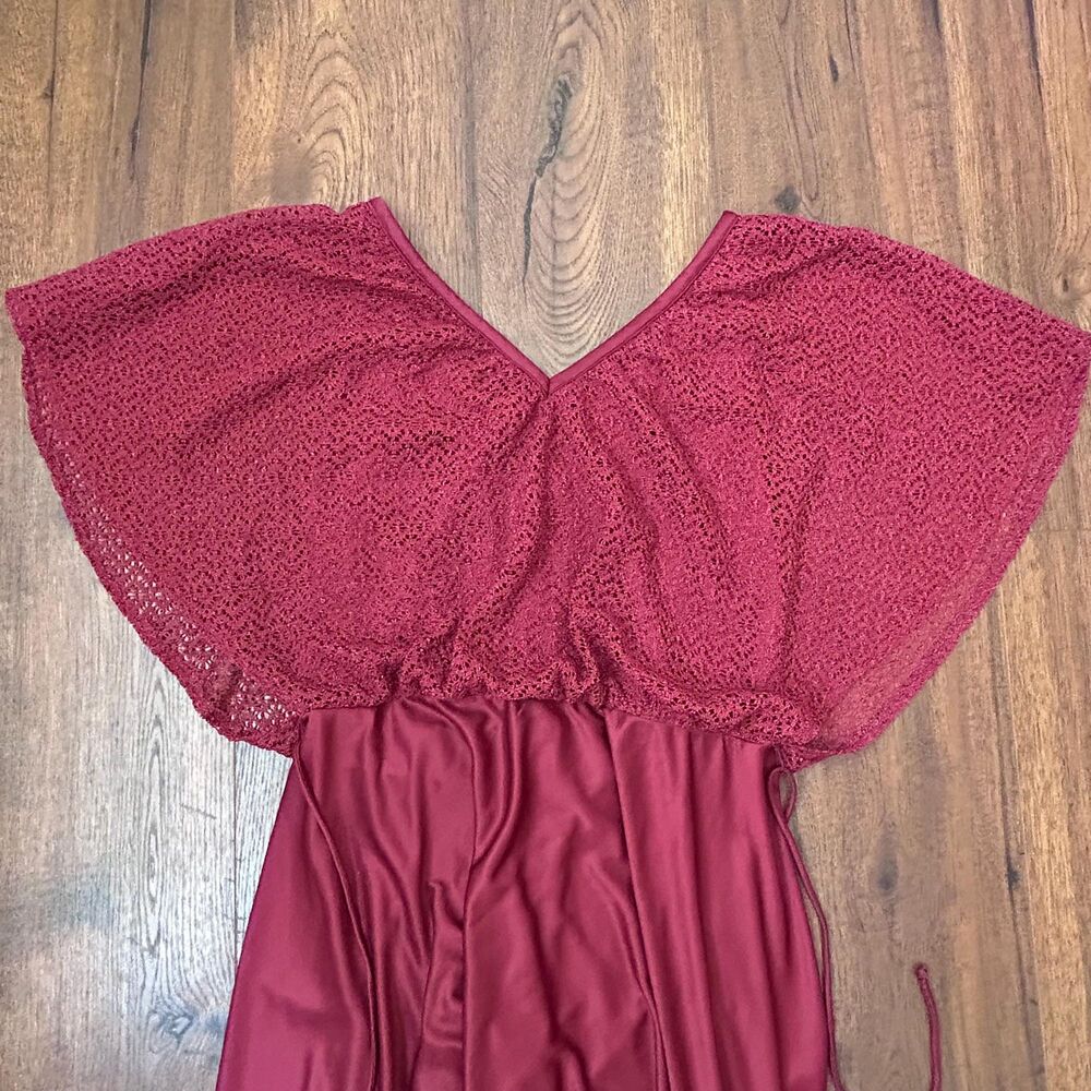 Vintage 1970s Burgundy Flutter Sleeve A-line Midi Dress, medium - Picture 6 of 7